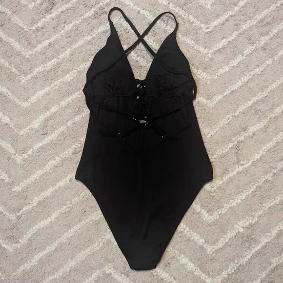 Women's Solid Color V Neck Lace Up One Piece Swimsuit Size M - Picture 6 of 7